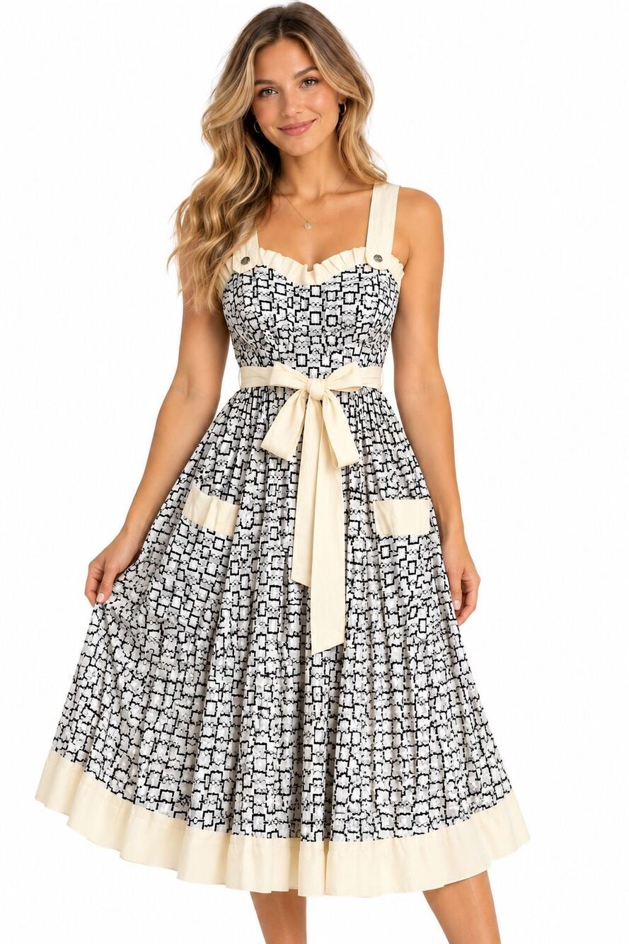 Miss Me Vintage Y2K Blue White Geometric Belted Midi Dress Size Small